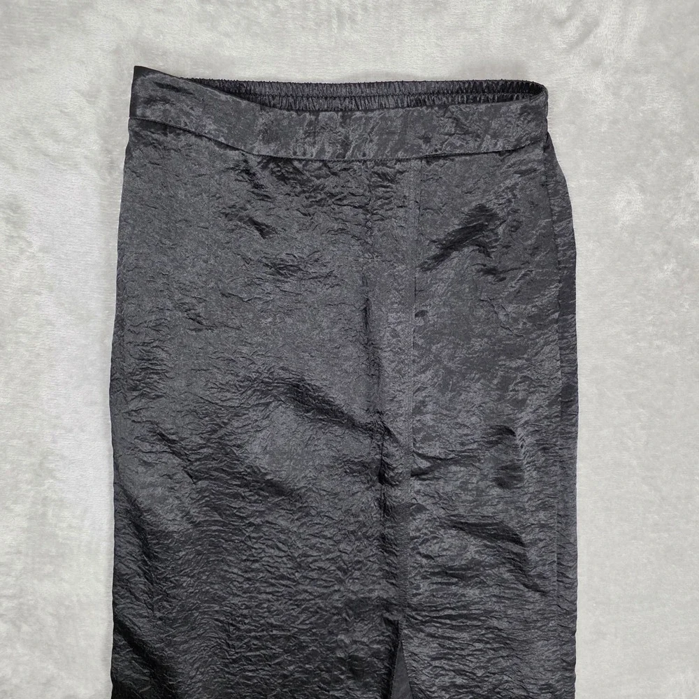 High Waisted Pencil Midi Skirt Textured Crinkle Front Slit Women XL Black GOOD